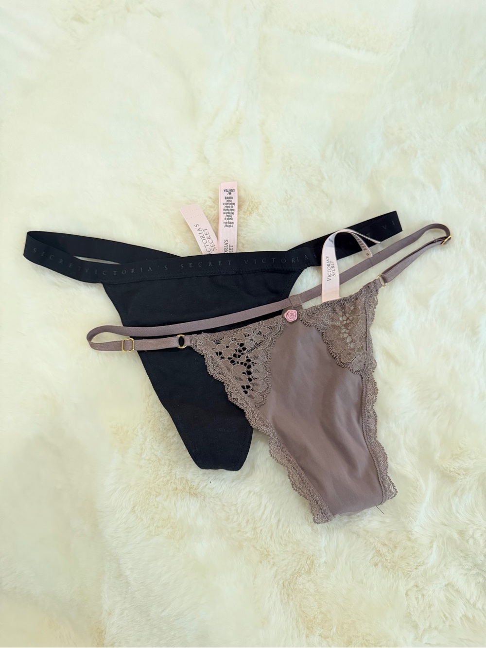 Victoria's Secret Black & Taupe Lace-Trim Thongs - 2-Pack